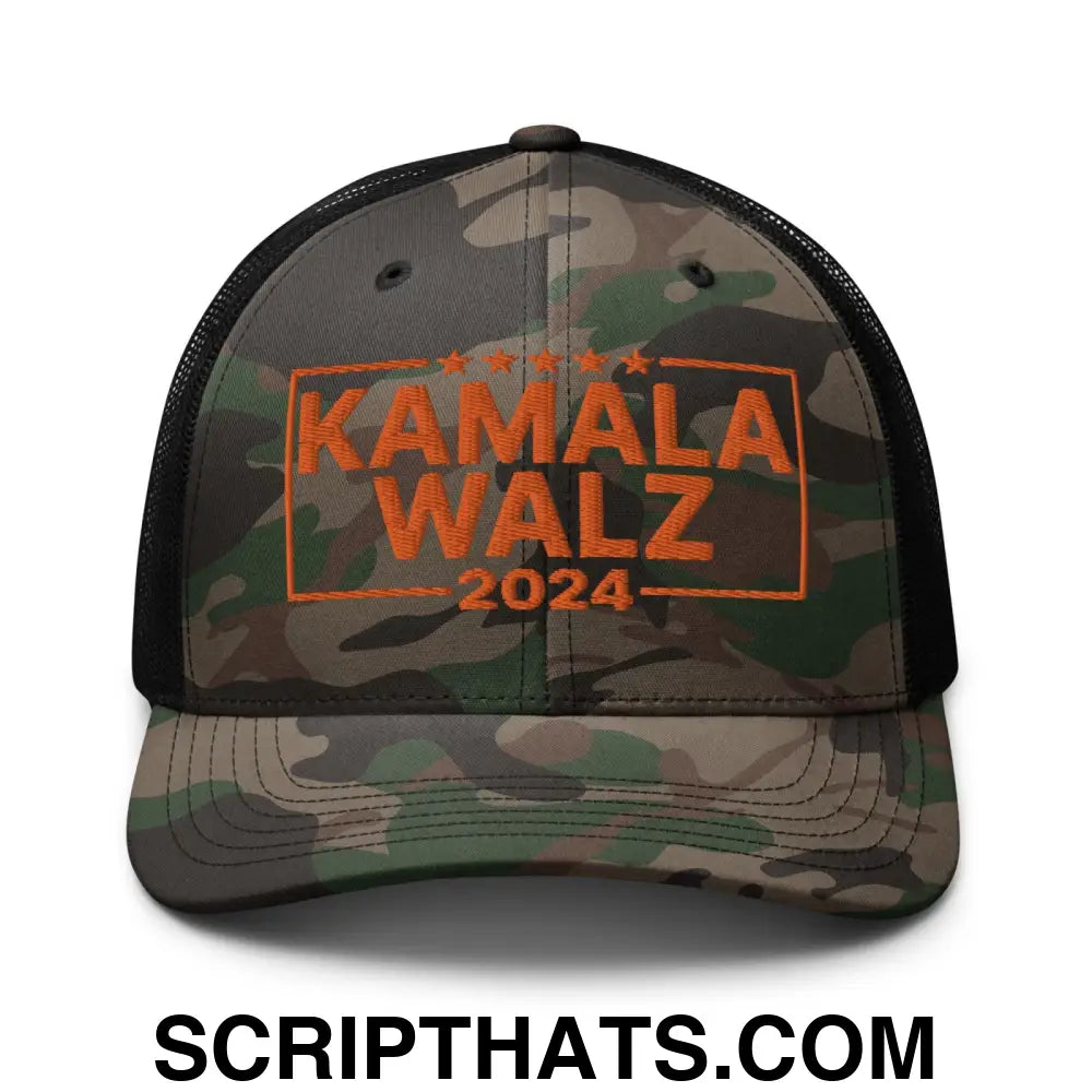 Kamala Harris 2024 Tim Walz Camo Trucker Hat Orange Camo Black