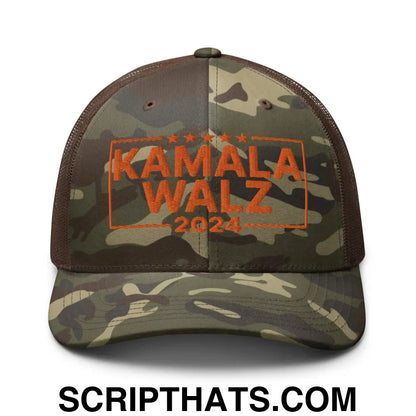 Kamala Harris 2024 Tim Walz Camo Trucker Hat Orange Camo Brown