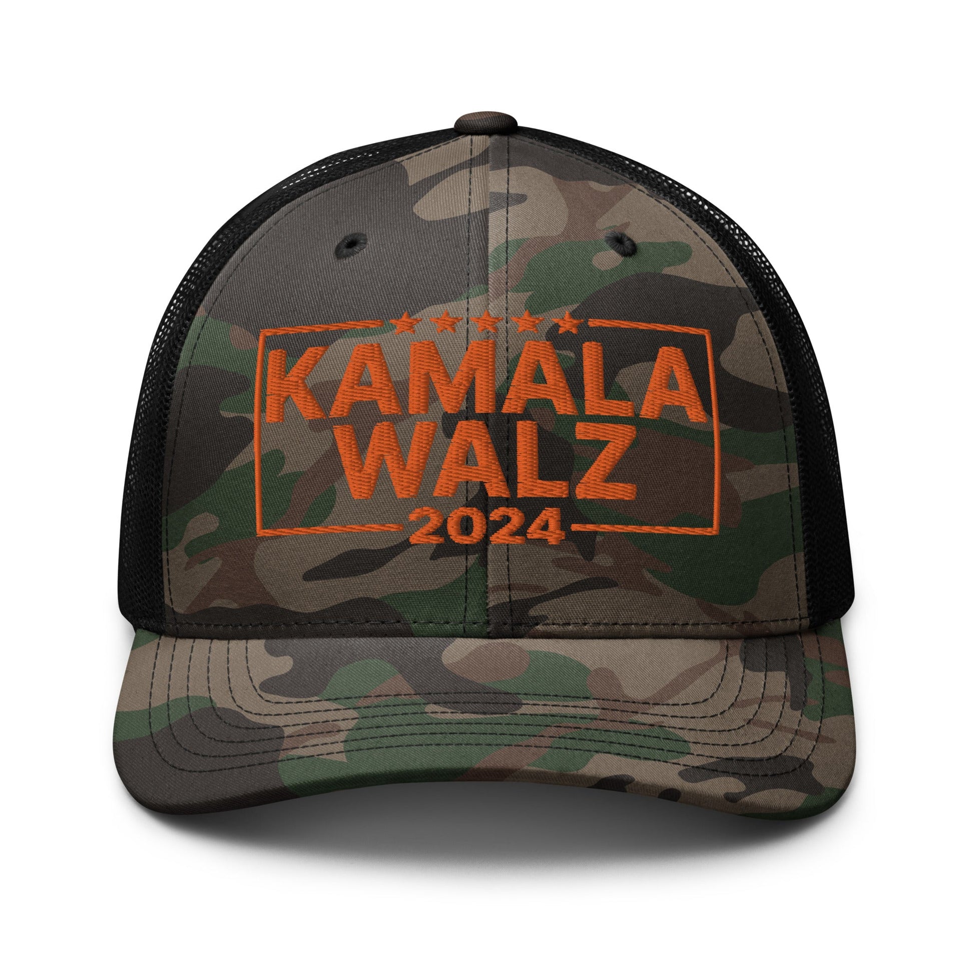 Kamala Harris 2024 Tim Walz Camo Trucker Hat Orange Camo Black