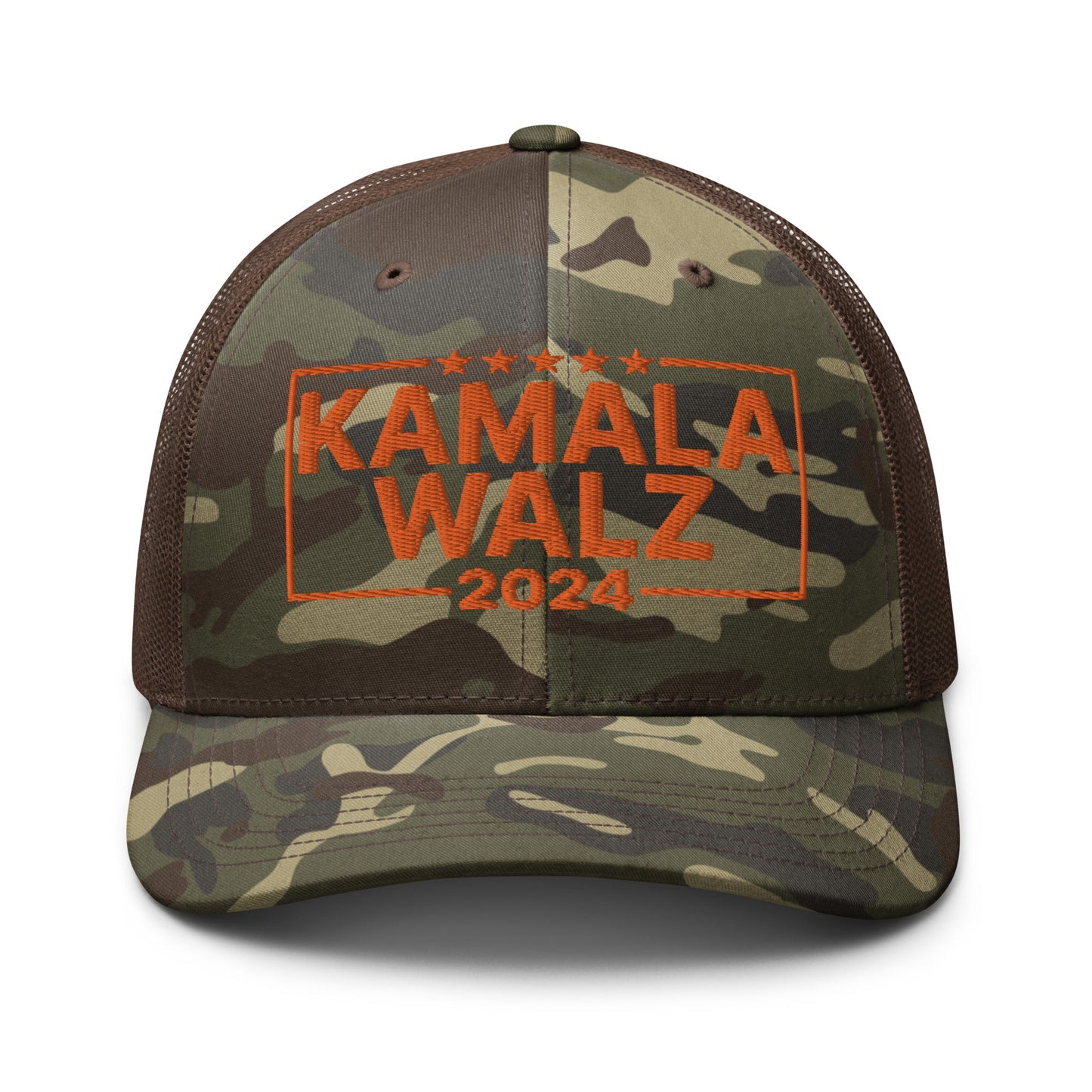 Kamala Harris 2024 Tim Walz Camo Trucker Hat Orange Camo Brown