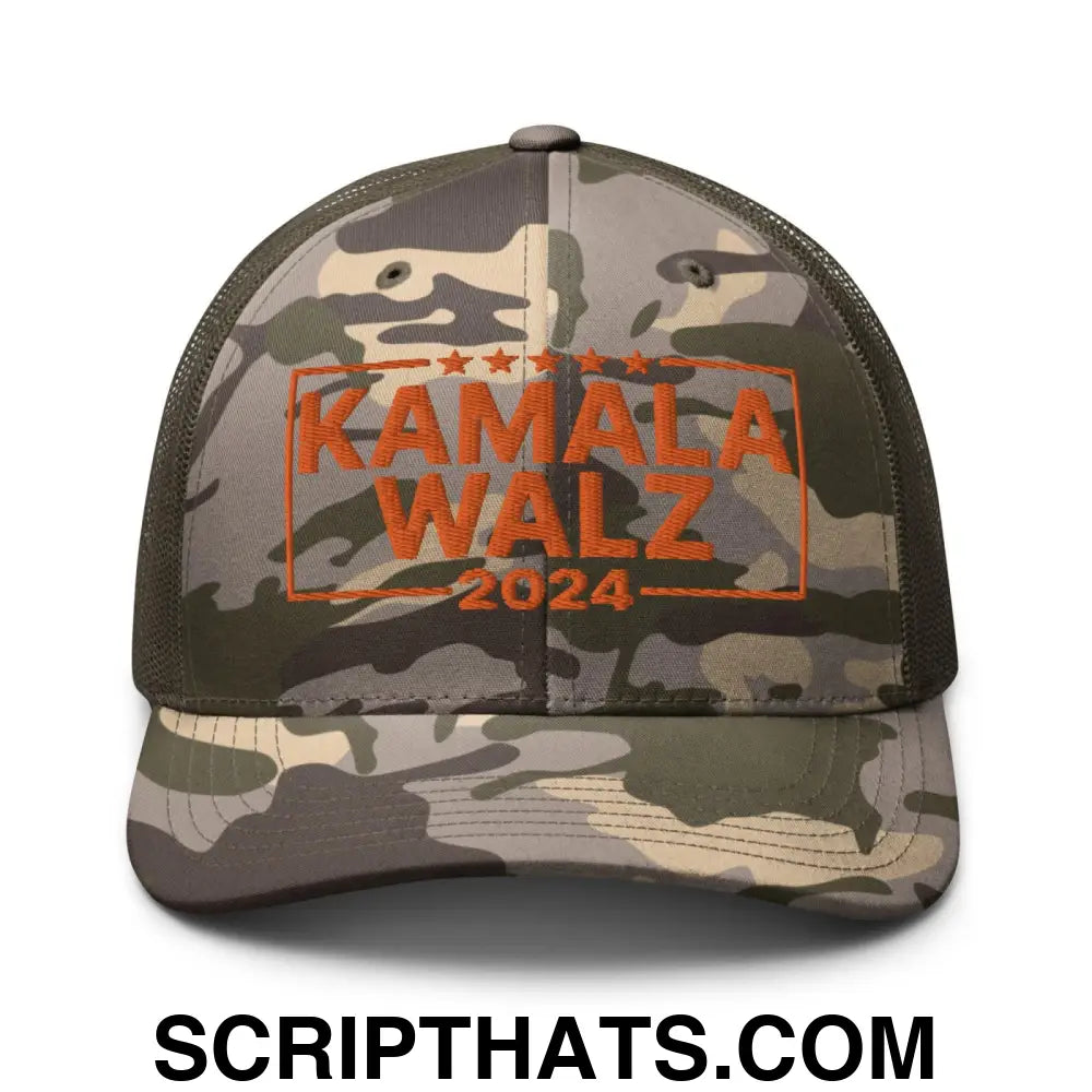 Kamala Harris 2024 Tim Walz Camo Trucker Hat Orange Camo Olive