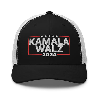 Kamala Harris 2024 Tim Walz Retro Trucker Hat Black White