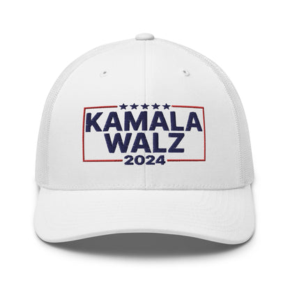 Kamala Harris 2024 Tim Walz Retro Trucker Hat White