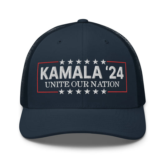 Kamala Harris 2024 Unite Our Nation Retro Trucker Hat Navy