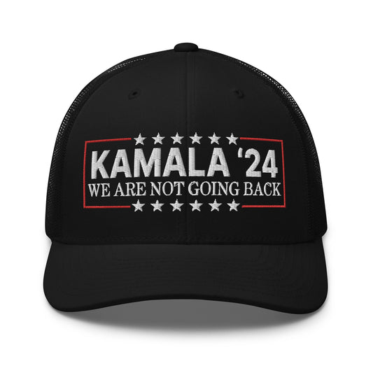 Kamala Harris 2024 We Are Not Going Back Retro Trucker Hat Black