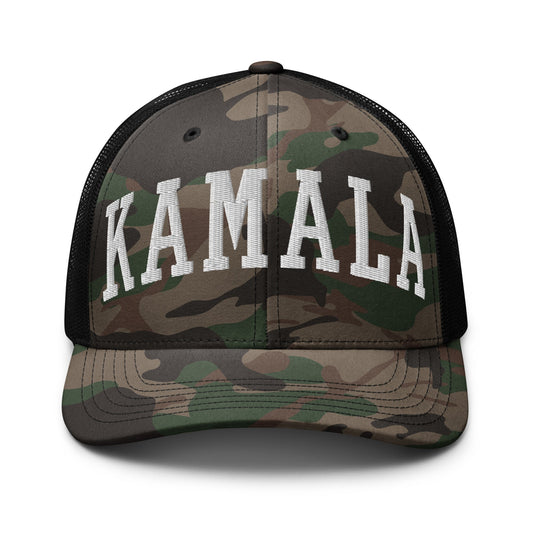 Kamala Harris Letterman Varsity Block Camo Trucker Hat Camo Black