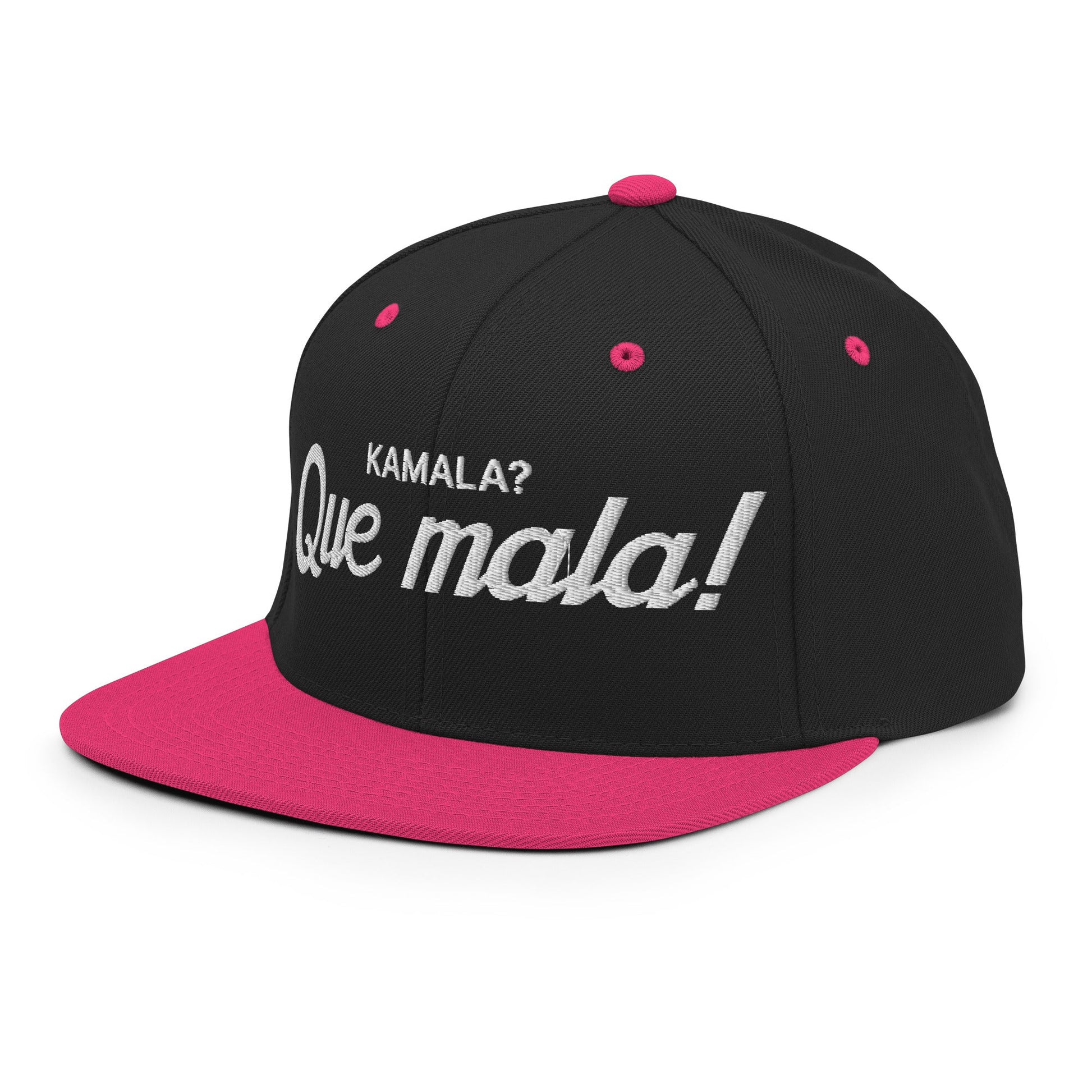 Kamala Harris Que Mala Flat Bill Brim Snapback Hat Black Neon Pink