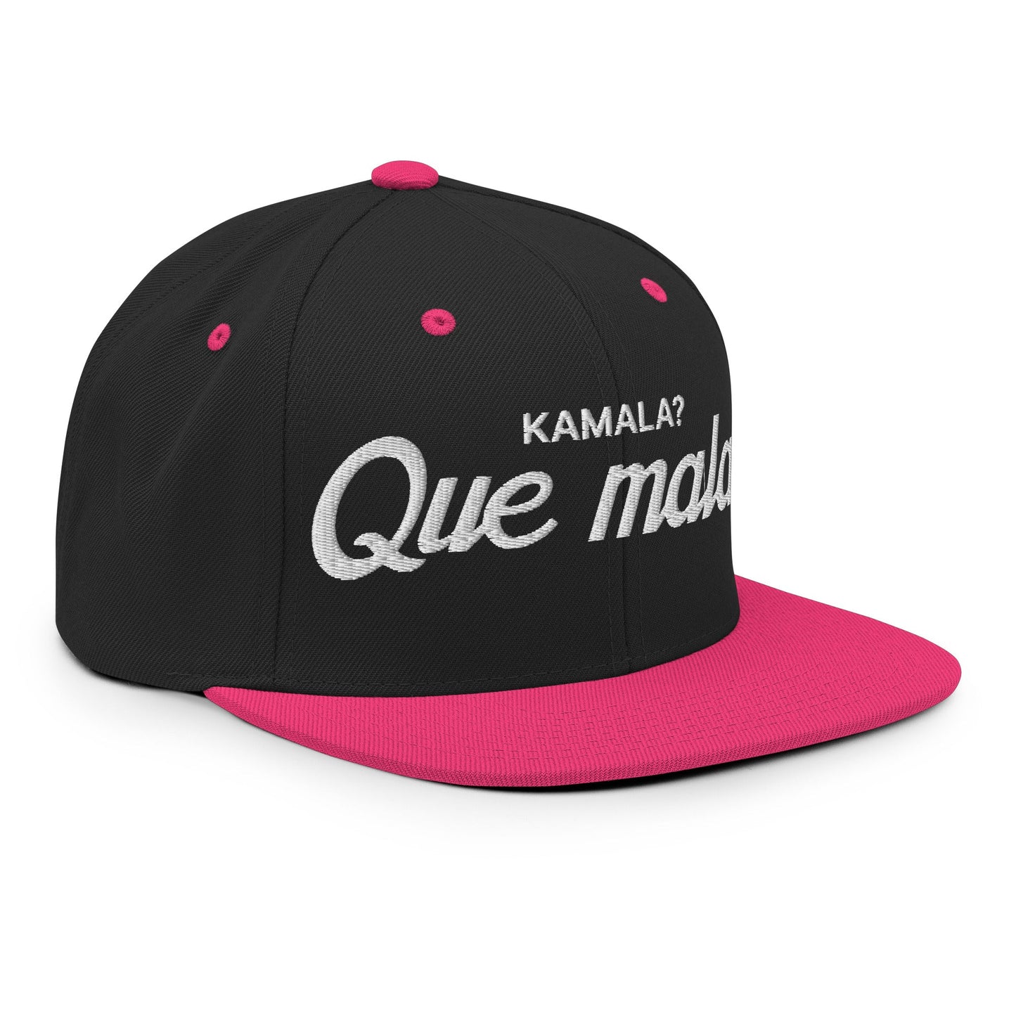 Kamala Harris Que Mala Flat Bill Brim Snapback Hat Black Neon Pink