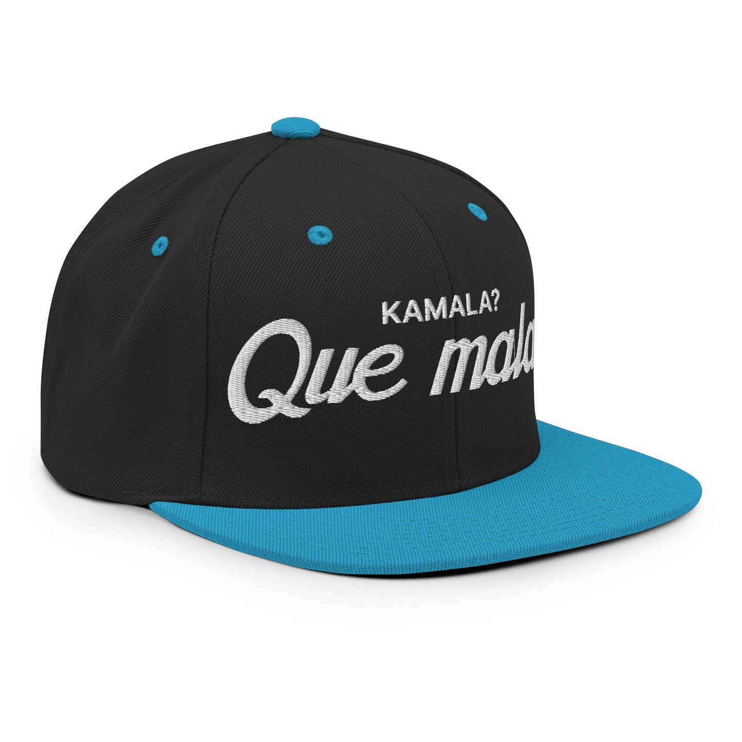 Kamala Harris Que Mala Flat Bill Brim Snapback Hat Black Teal