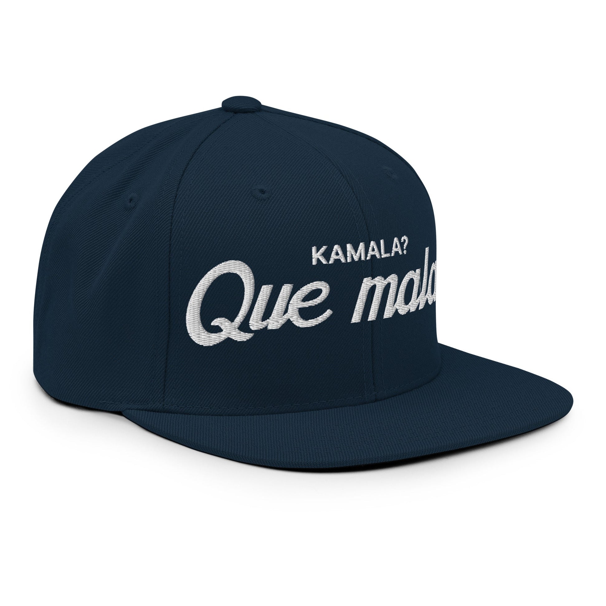 Kamala Harris Que Mala Flat Bill Brim Snapback Hat Dark Navy