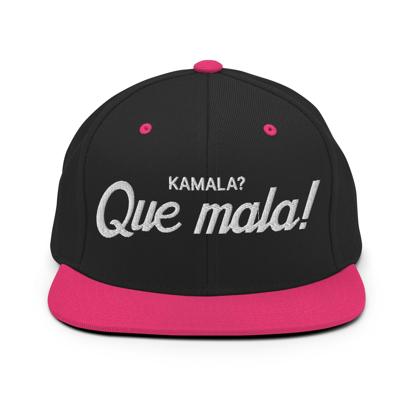 Kamala Harris Que Mala Flat Bill Brim Snapback Hat Black Neon Pink