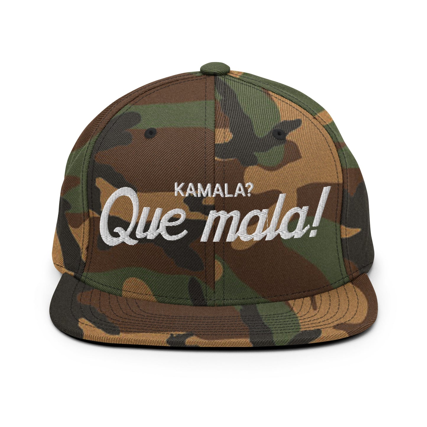 Kamala Harris Que Mala Flat Bill Brim Snapback Hat Green Camo