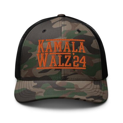 Kamala Harris Tim Walz 2024 Camo Trucker Hat Orange Camo Black