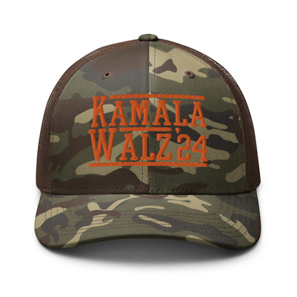 Kamala Harris Tim Walz 2024 Camo Trucker Hat Orange Camo Brown