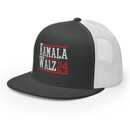 Kamala Harris Tim Walz 2024 Flat Bill Brim Trucker Hat Charcoal White