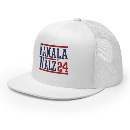 Kamala Harris Tim Walz 2024 Flat Bill Brim Trucker Hat White