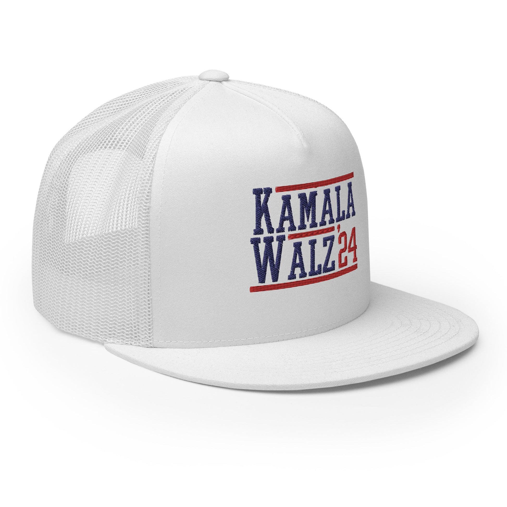 Kamala Harris Tim Walz 2024 Flat Bill Brim Trucker Hat White