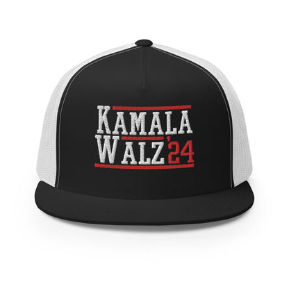 Kamala Harris Tim Walz 2024 Flat Bill Brim Trucker Hat Black White