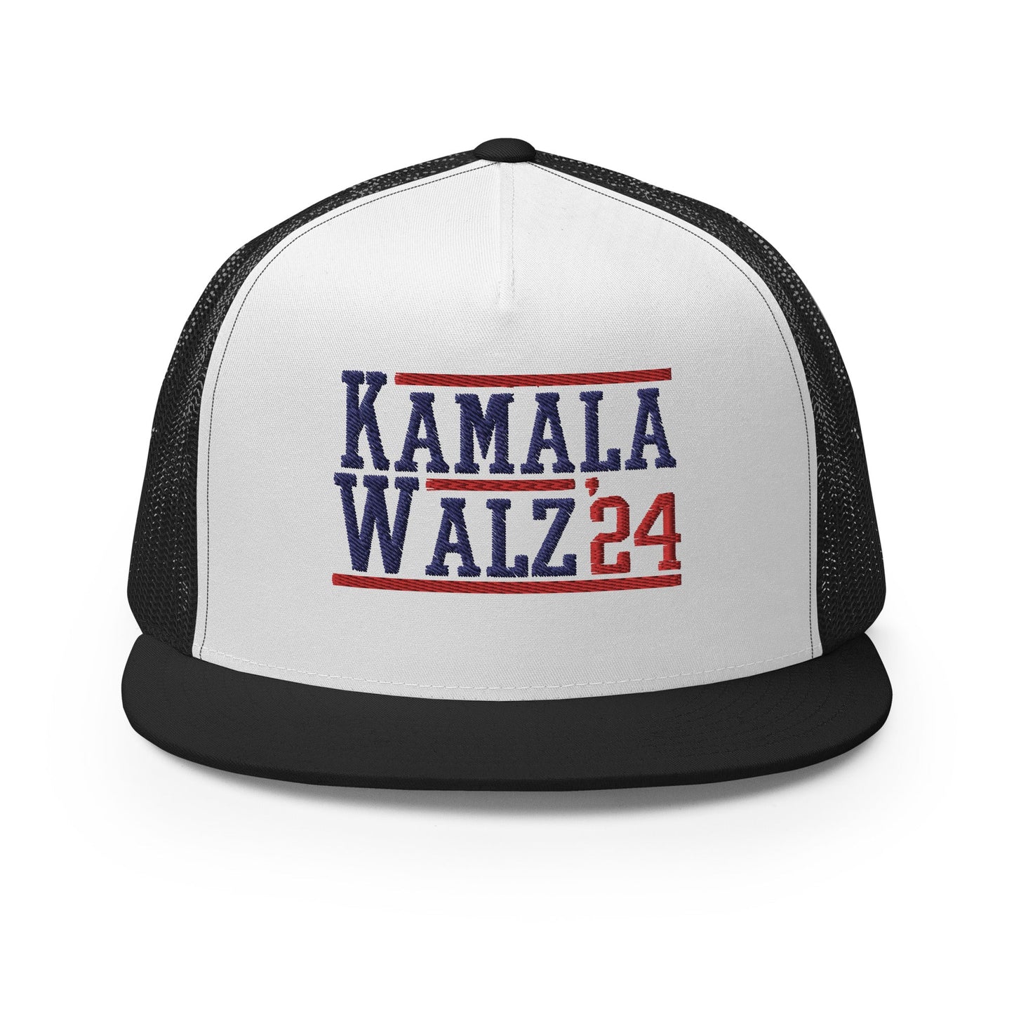 Kamala Harris Tim Walz 2024 Flat Bill Brim Trucker Hat Black White Black