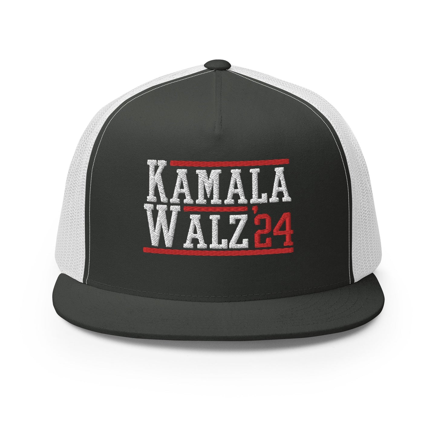 Kamala Harris Tim Walz 2024 Flat Bill Brim Trucker Hat Charcoal White