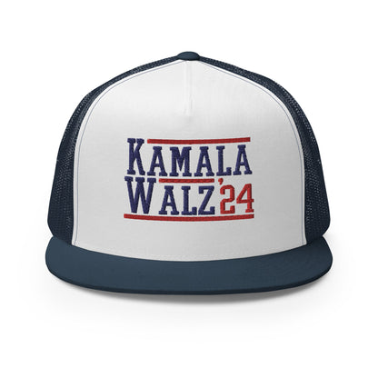 Kamala Harris Tim Walz 2024 Flat Bill Brim Trucker Hat Navy White Navy