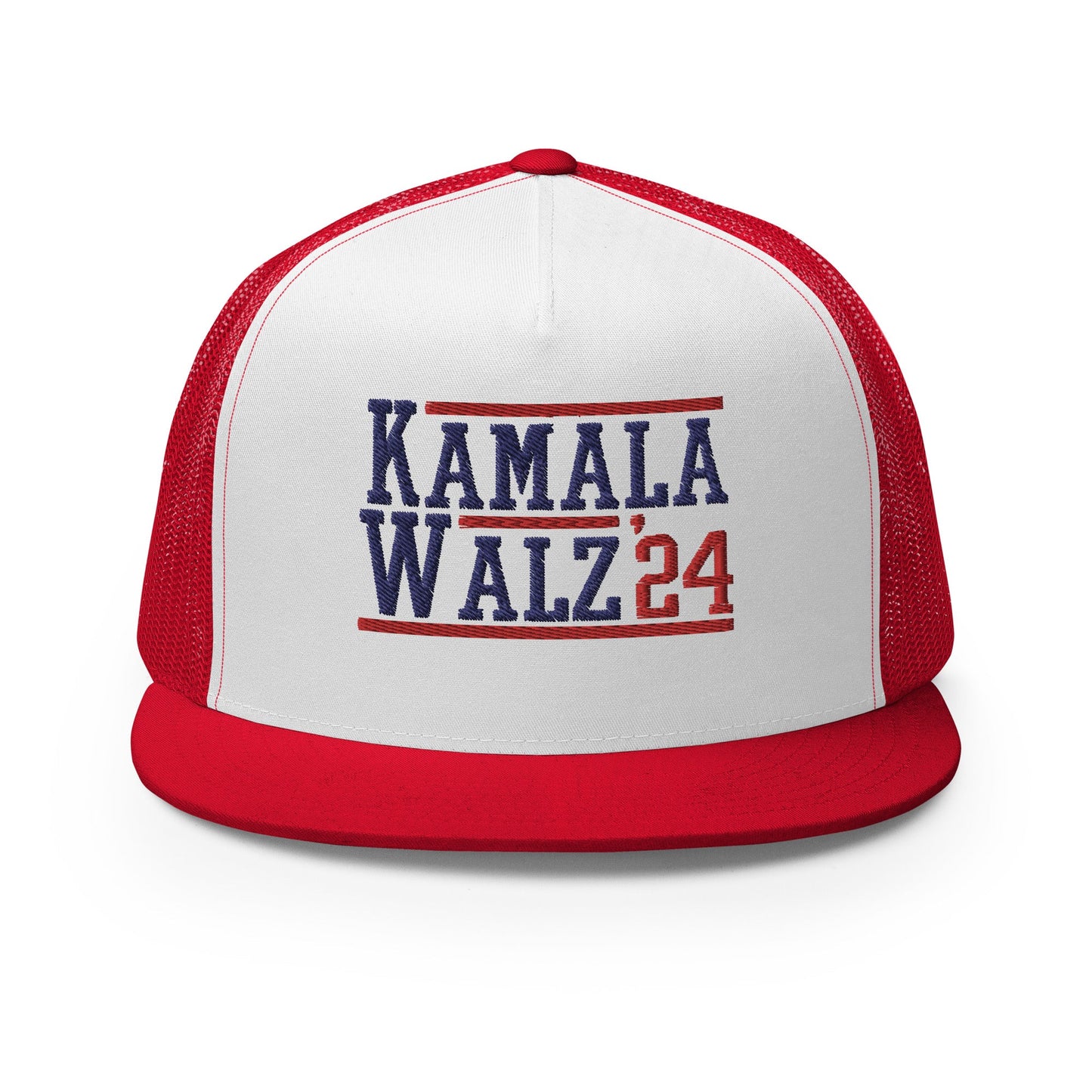 Kamala Harris Tim Walz 2024 Flat Bill Brim Trucker Hat Red White Red