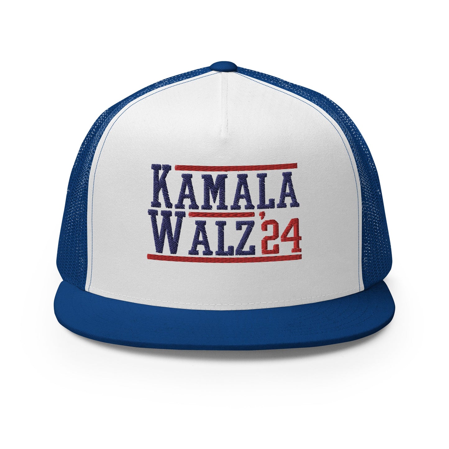 Kamala Harris Tim Walz 2024 Flat Bill Brim Trucker Hat Royal White Royal