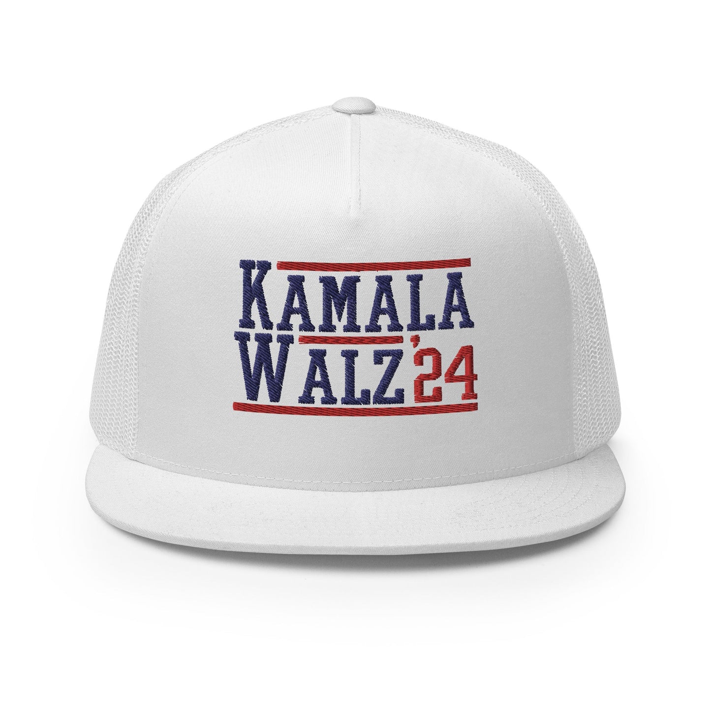 Kamala Harris Tim Walz 2024 Flat Bill Brim Trucker Hat White