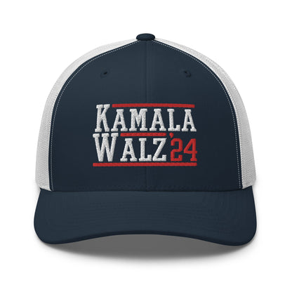 Kamala Harris Tim Walz 2024 Retro Trucker Hat Navy White