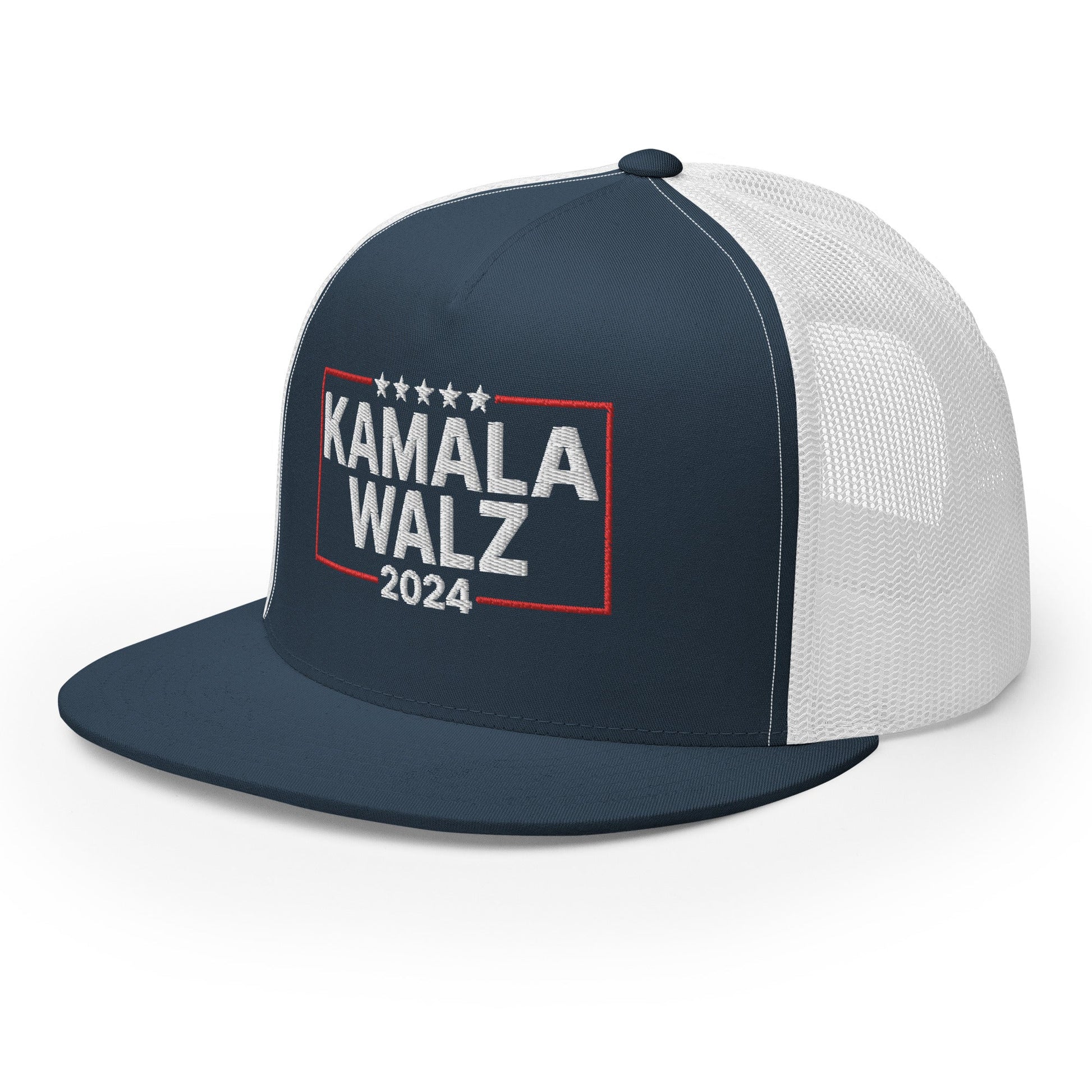 Kamala Harris Tim Walz 24 2024 Flat Bill Brim Trucker Hat Navy White