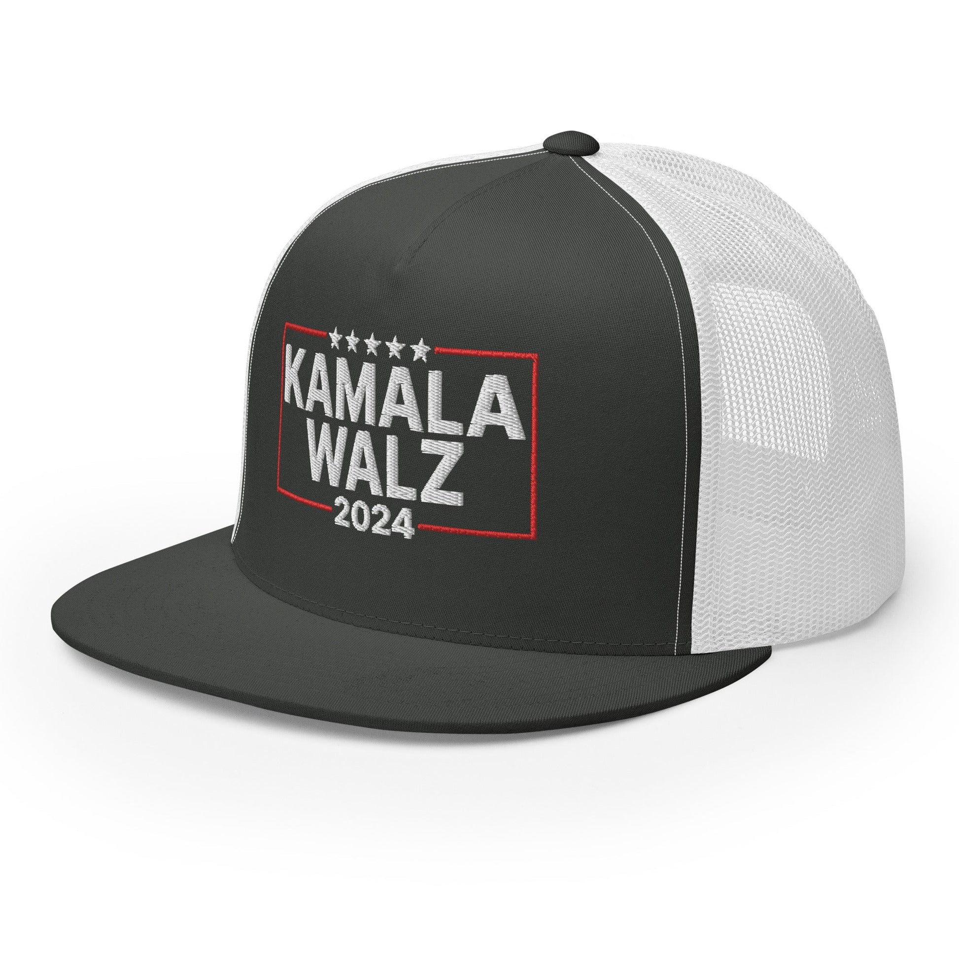 Kamala Harris Tim Walz 24 2024 Flat Bill Brim Trucker Hat Charcoal White