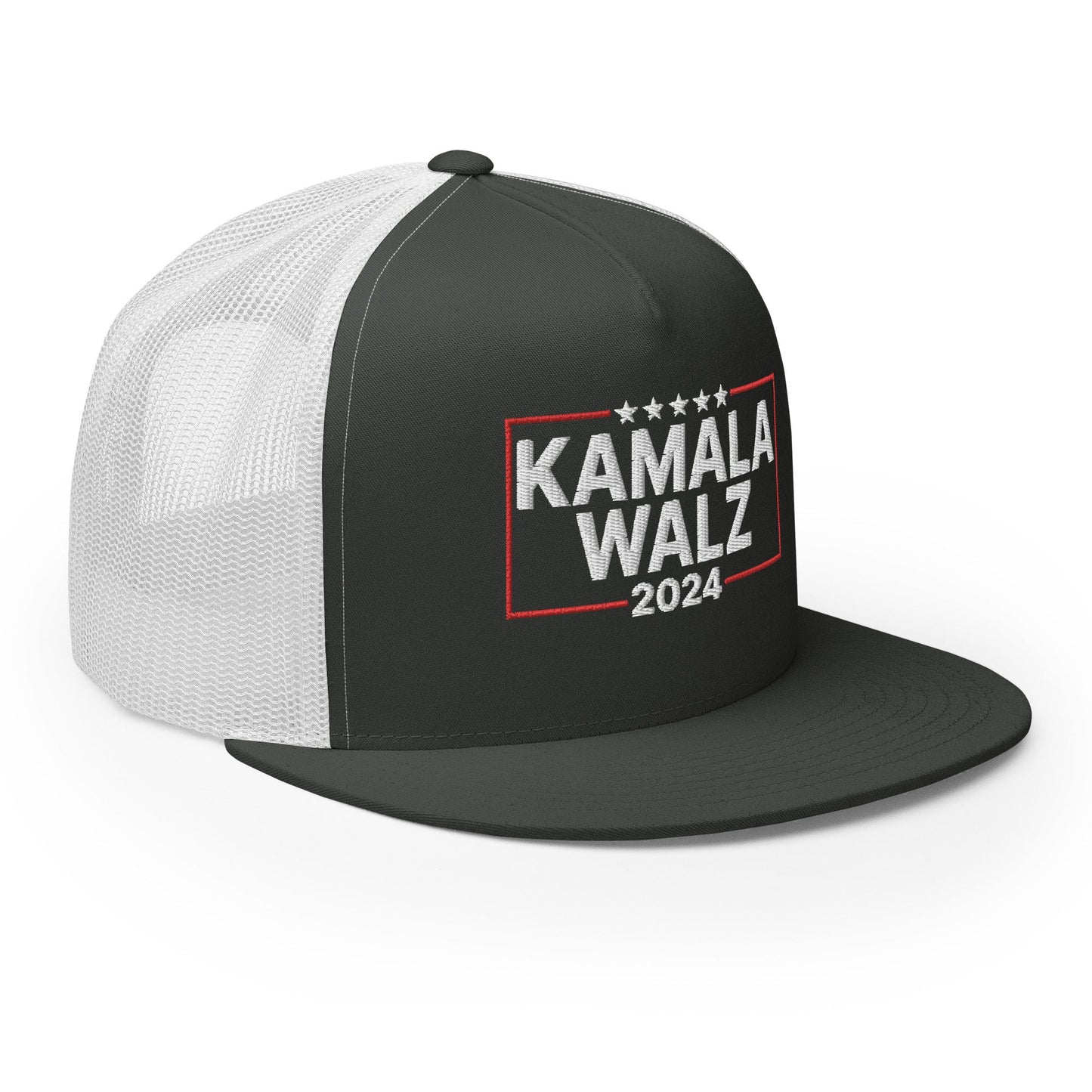 Kamala Harris Tim Walz 24 2024 Flat Bill Brim Trucker Hat Charcoal White