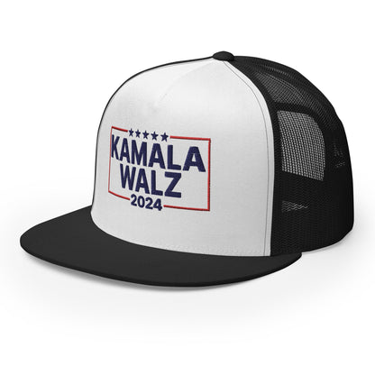 Kamala Harris Tim Walz 24 2024 Flat Bill Brim Trucker Hat Black White Black