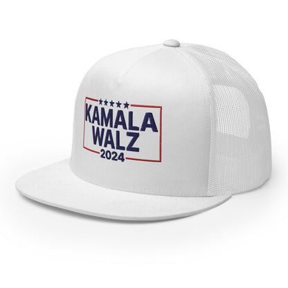 Kamala Harris Tim Walz 24 2024 Flat Bill Brim Trucker Hat White