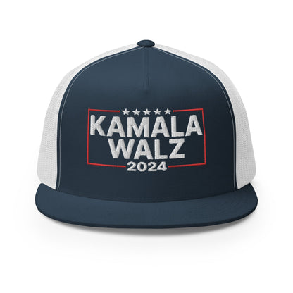 Kamala Harris Tim Walz 24 2024 Flat Bill Brim Trucker Hat Navy White