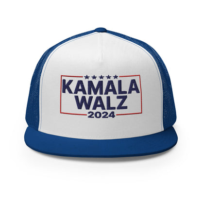 Kamala Harris Tim Walz 24 2024 Flat Bill Brim Trucker Hat Royal White Royal