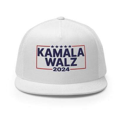 Kamala Harris Tim Walz 24 2024 Flat Bill Brim Trucker Hat White