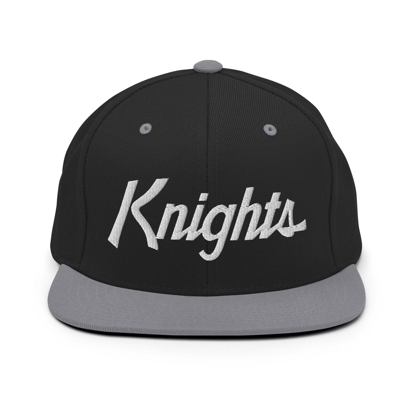 Knights School Mascot Script Snapback Hat Black Silver