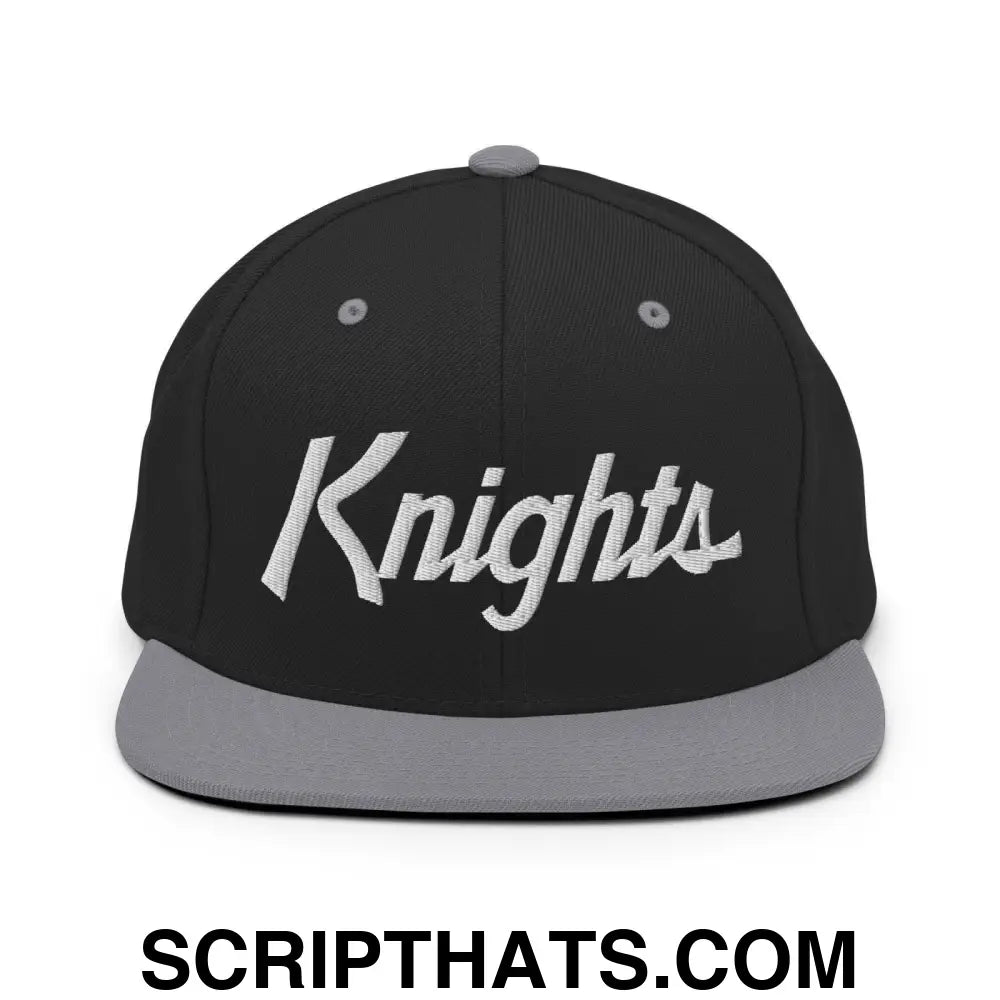 Knights School Mascot Script Snapback Hat Black Silver