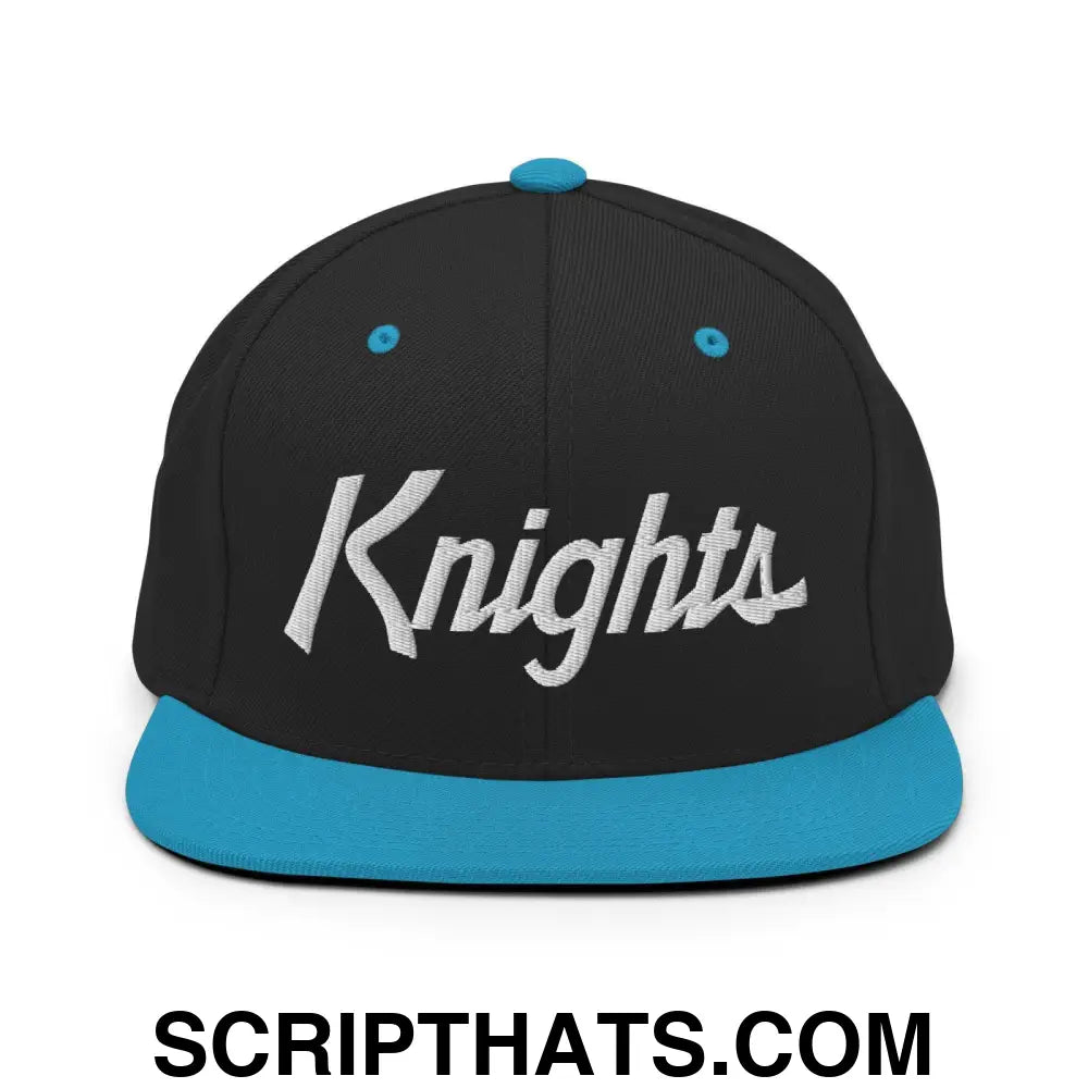 Knights School Mascot Script Snapback Hat Black Teal