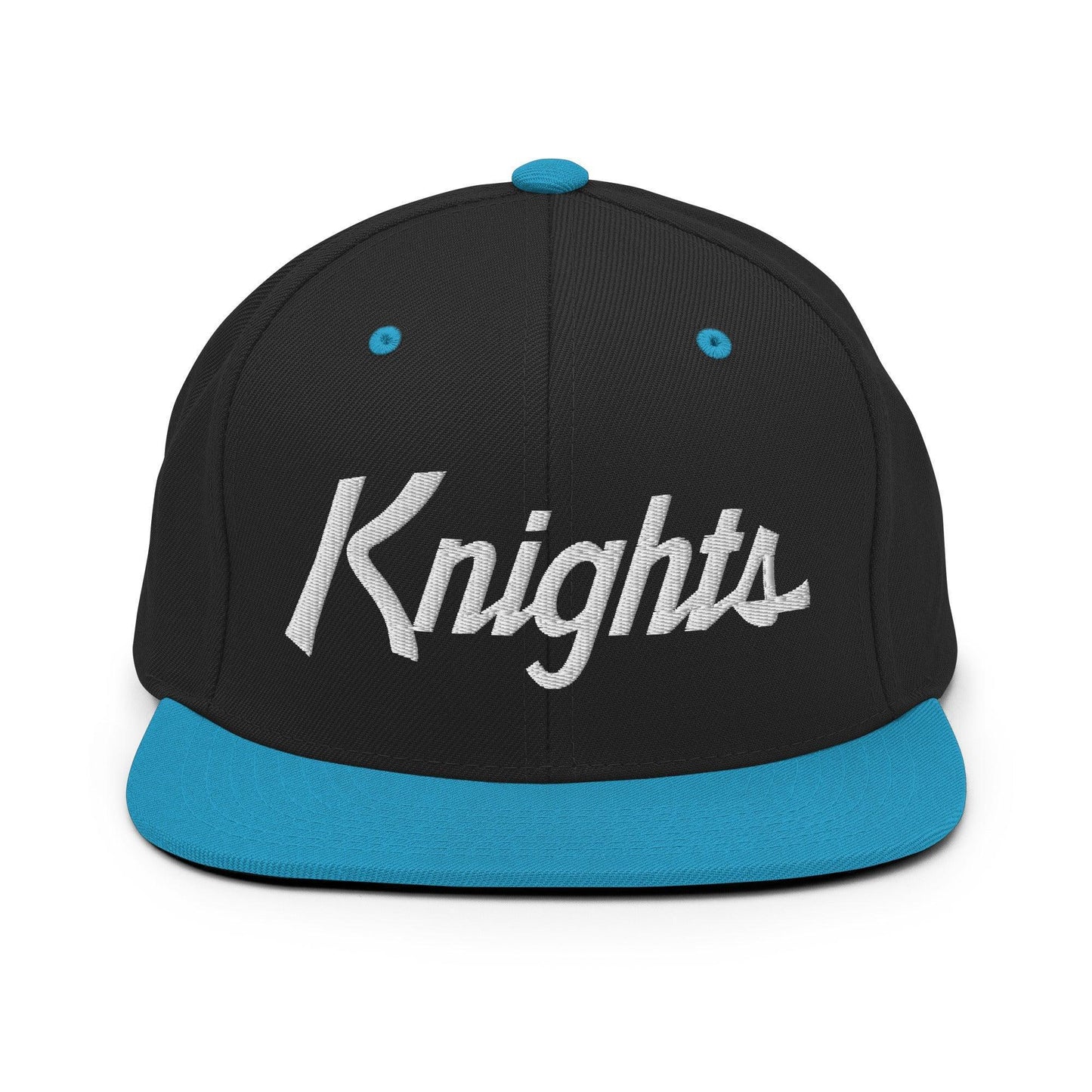 Knights School Mascot Script Snapback Hat Black Teal