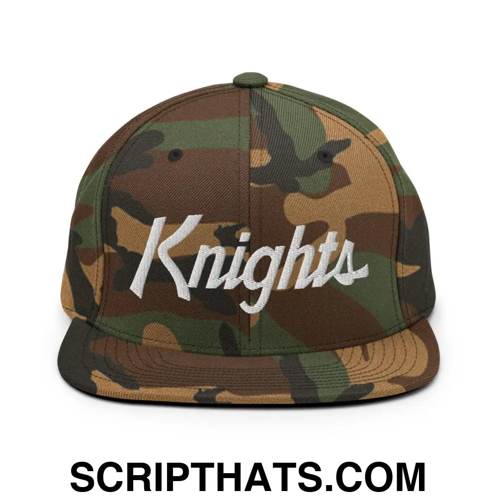 Knights School Mascot Script Snapback Hat Green Camo