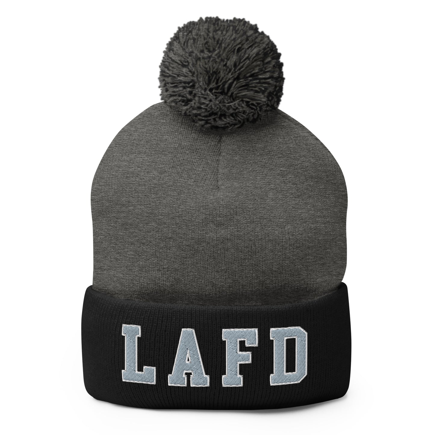 LAFD Los Angeles Fire Department Embroidered Knit Pom Pom Beanie Dark Heather Grey Black