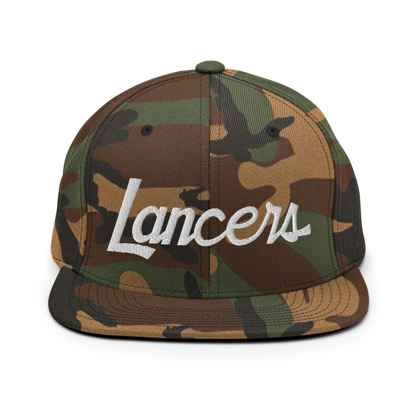 Lancers School Mascot Script Snapback Hat Green Camo