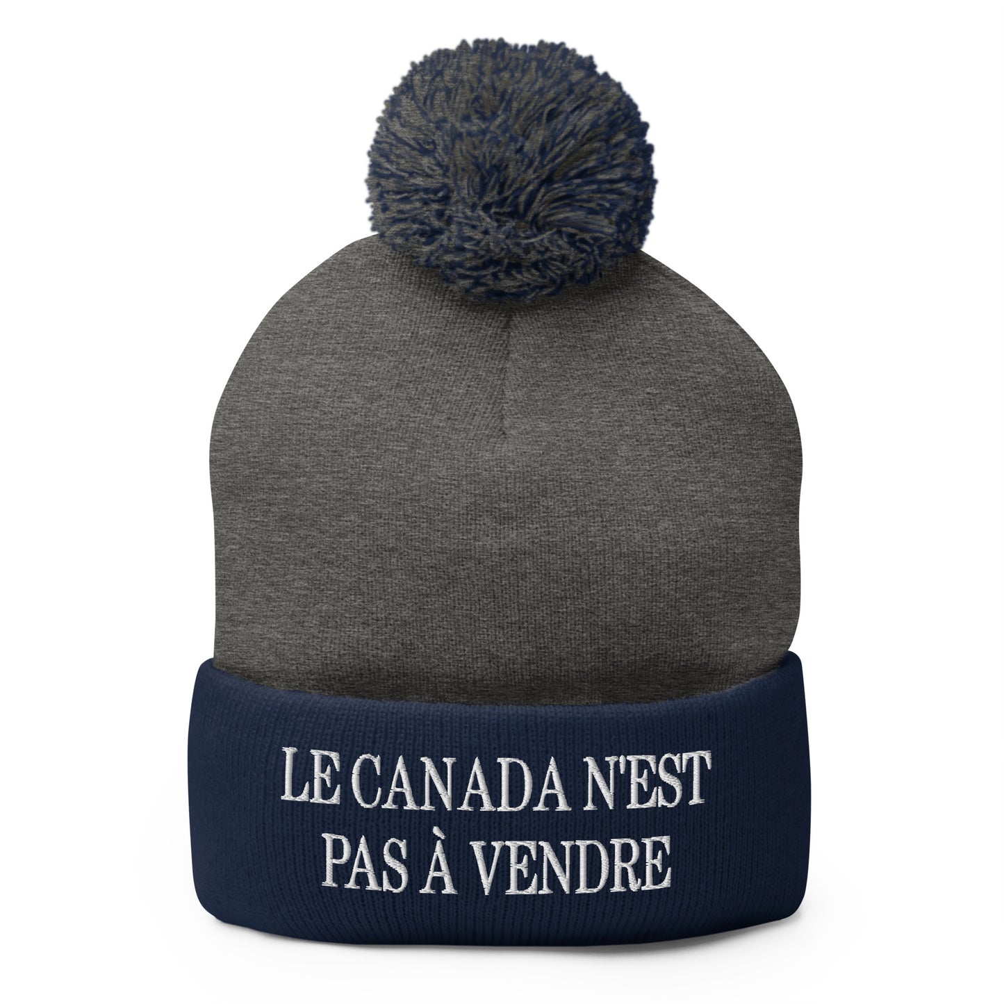 Le Canada n'est pas à Vendre Canada is not for Sale Embroidered Knit Pom Pom Beanie Dark Heather Grey Navy