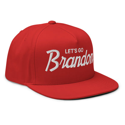 Let's Go Brandon Script 5 Panel Flat Bill Brim Snapback Hat Red