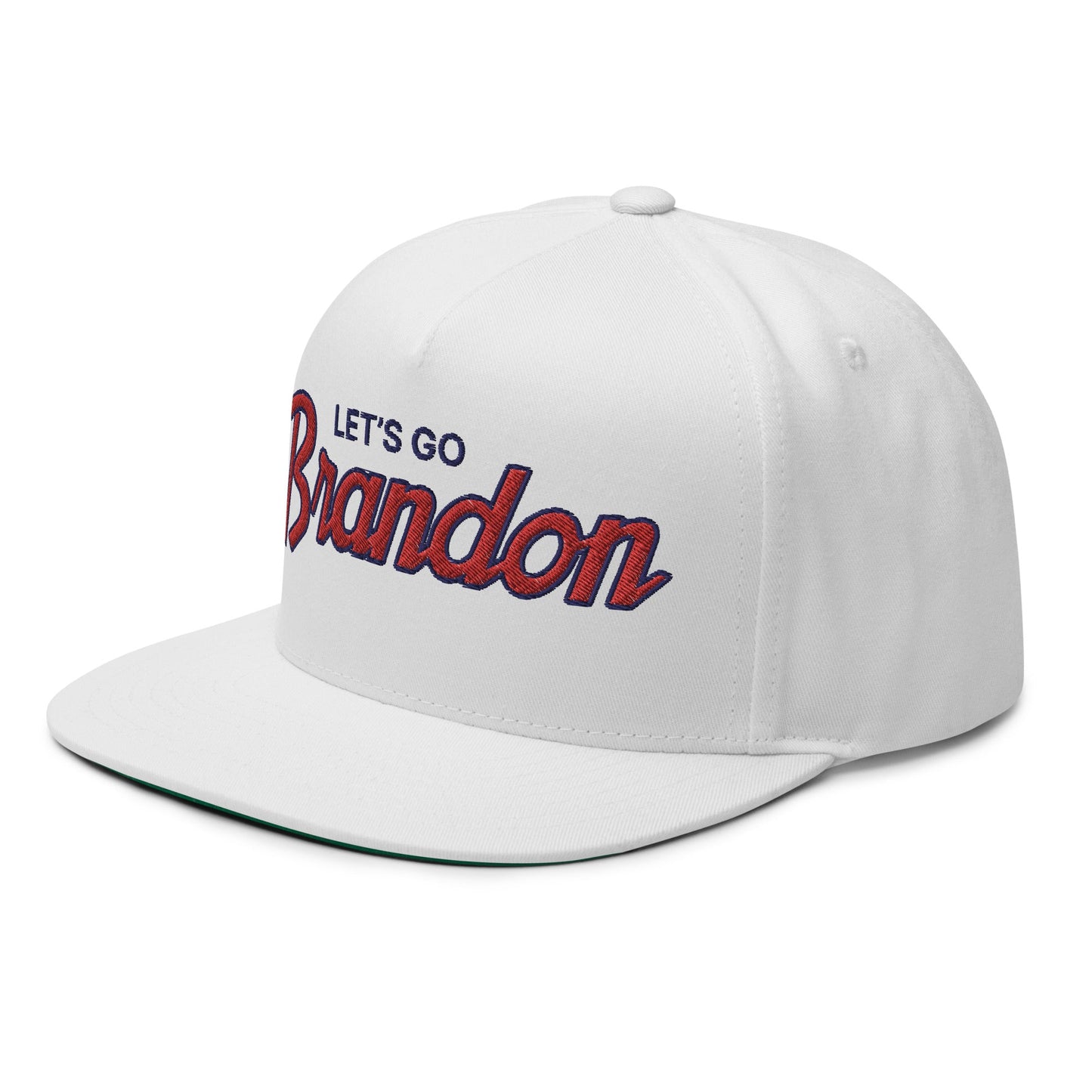 Let's Go Brandon Script 5 Panel Flat Bill Brim Snapback Hat White