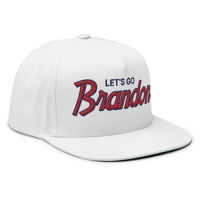 Let's Go Brandon Script 5 Panel Flat Bill Brim Snapback Hat White