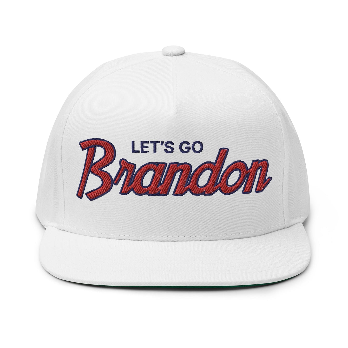 Let's Go Brandon Script 5 Panel Flat Bill Brim Snapback Hat White