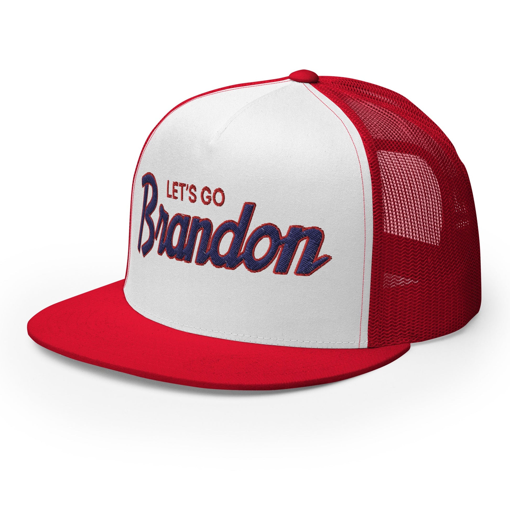 Let's Go Brandon Script Flat Bill Brim Snapback Trucker Hat Red White Red